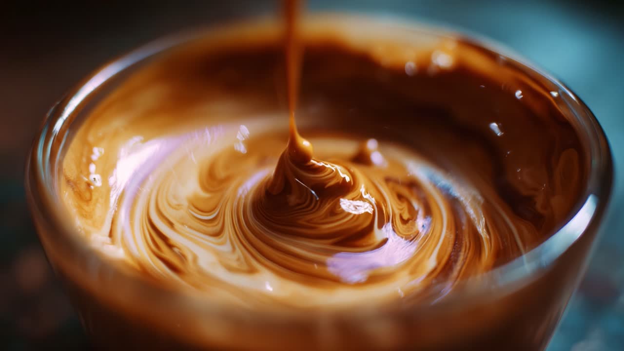 Primo piano di un denso composto di cioccolato in movimento in una ciotola trasparente, che cattura il colore intenso e la consistenza cremosa con eleganza artistica