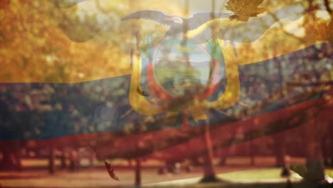 Digital-composition-of-ecuador-waving-flag-over-multiple-autumn-leaves-falling-against-park