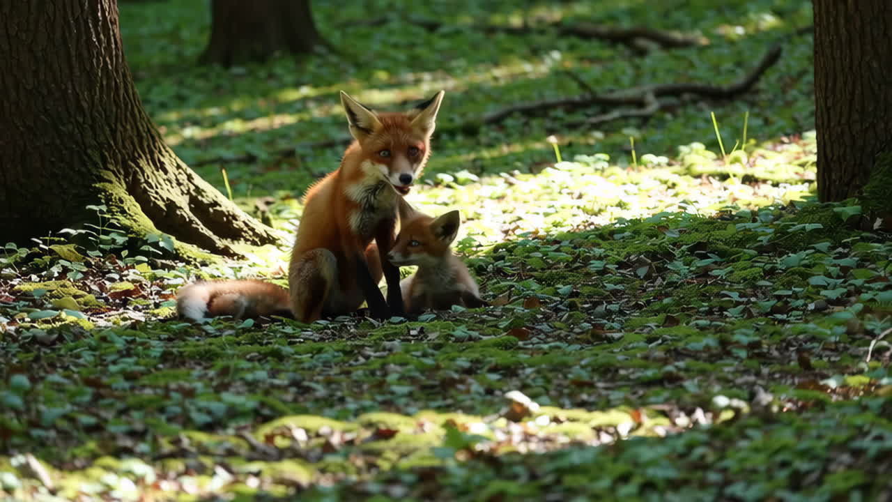 Red Fox Mother and Cubs in Forest