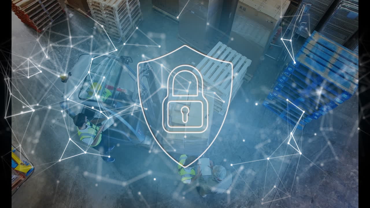 animación de la red de conexiones y el icono del candado sobre el almacén