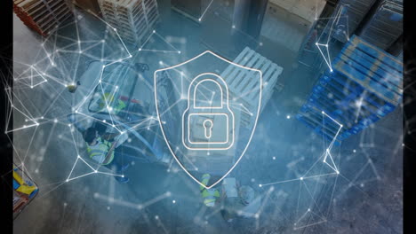 Animation of network of connections and padlock icon over warehouse