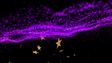 bright purple particle wave flowing across dark canvas, revealing gold star shapes below