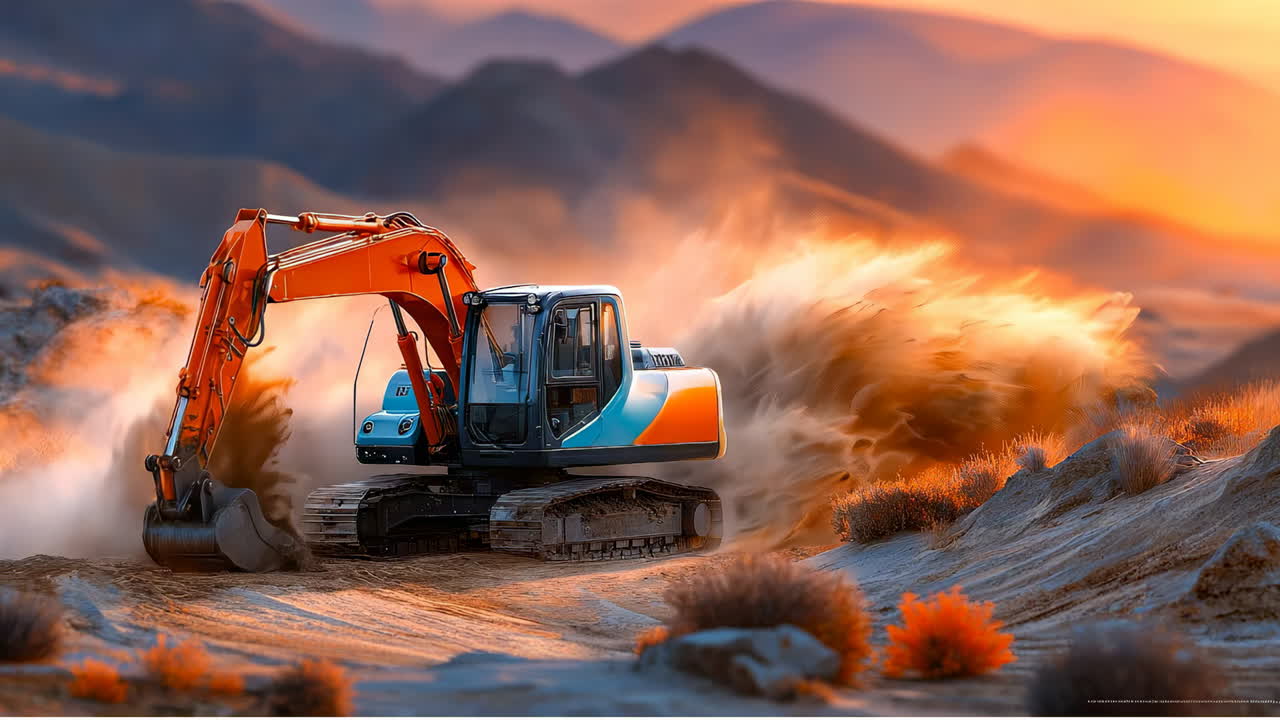 Excavator at sunset site. An excavator digs earth at a construction site in the mountains as the sun sets, creating clouds of dust