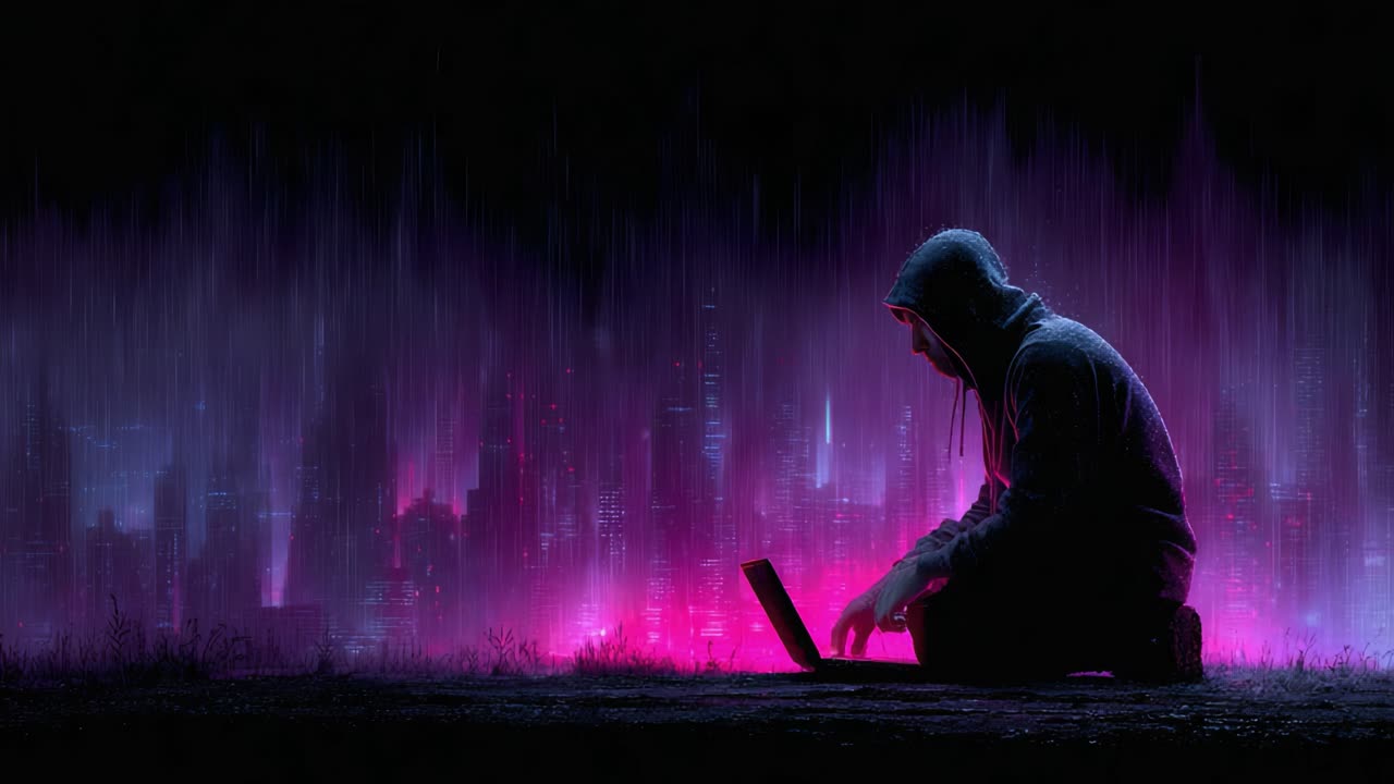 A Mysterious Figure Engaged in Intriguing Activities with a Laptop, Surrounded by a Vibrant Urban Landscape Illuminated in Stunning Neon Colors