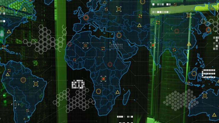 Animation of financial data processing over world map and computer servers
