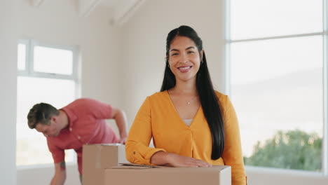 Cardboard,-boxes-and-woman-moving-into-her-new