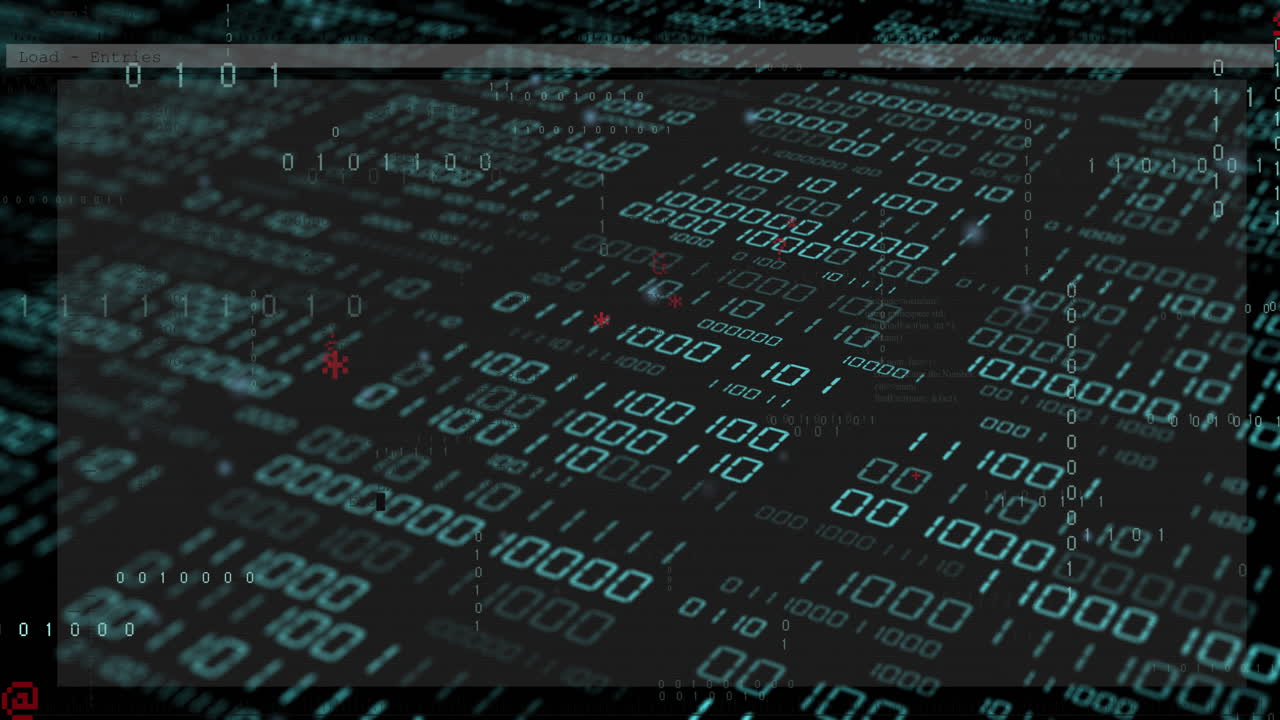 Animation of layers of text and binary data processing on black background