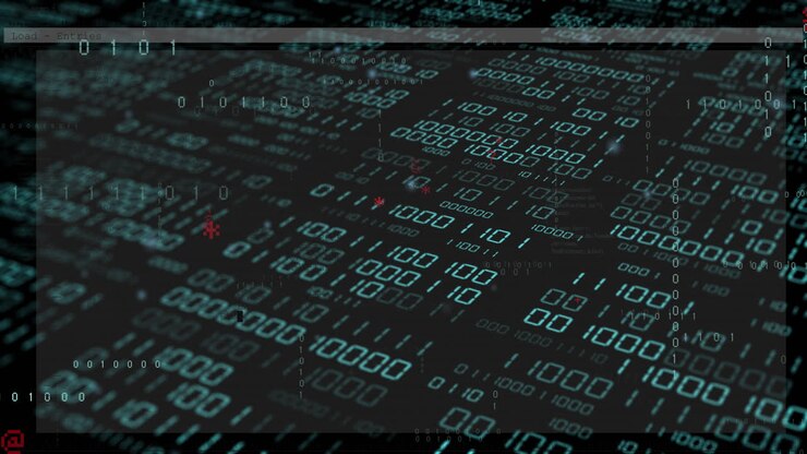 Animation of layers of text and binary data processing on black background