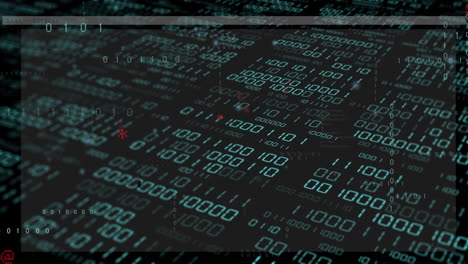 animación de capas de texto y procesamiento de datos binarios sobre fondo negro