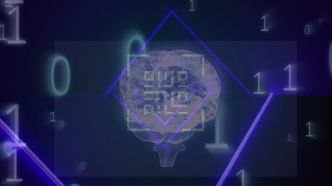 animación de código qr sobre código binario y cerebro humano