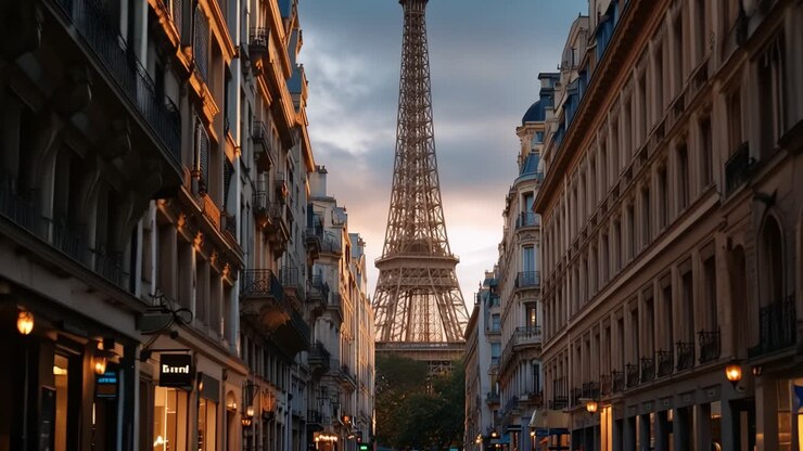 Sunset bathes Parisian street in warm, golden light. Eiffel Tower rises through narrow avenue, framed by historic buildings. Soft glow highlights ornate facades, warm street lamps