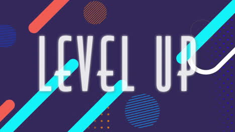 Animation of level up text over colourful shapes moving