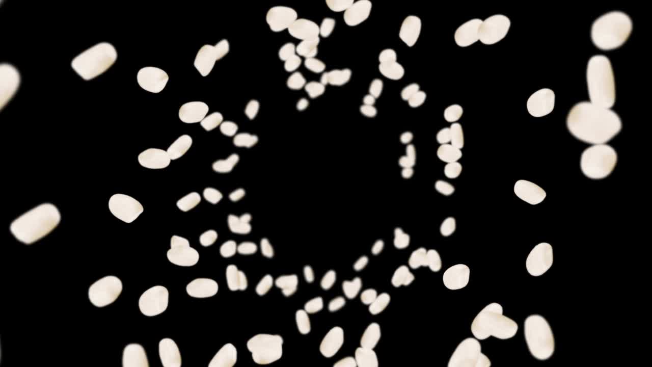 검은색 바탕에 많은 을 날려.  어리. 은. 채식주의자. 건강한 음식.  회전의 3d 루프 애니메이션.