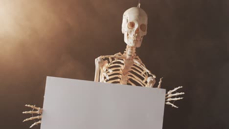 video de un primer plano del esqueleto de halloween sosteniendo una pizarra blanca con espacio de copia en un fondo marrón