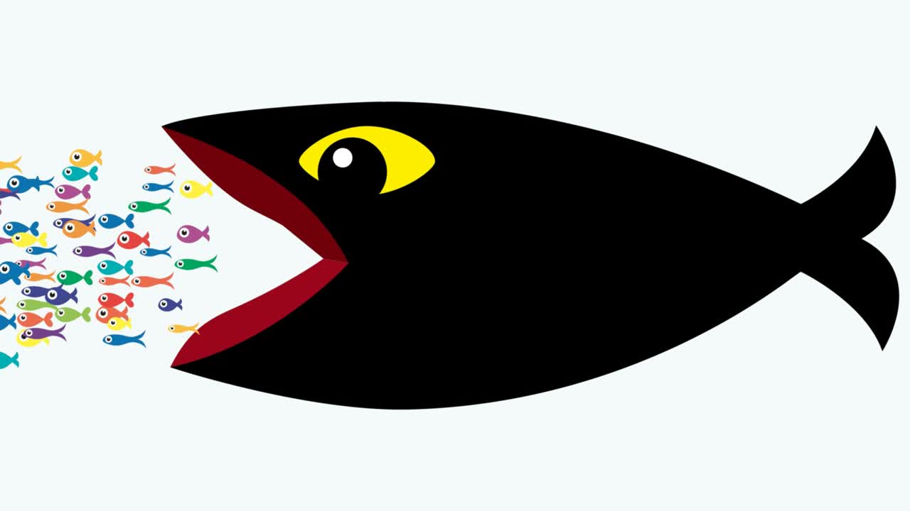 클래스 액션 개념: 큰 물고기는 반란을 일으키고 공격하는 작은 물고기를 먹습니다. 팀워크, 연합 및 힘의 은유.