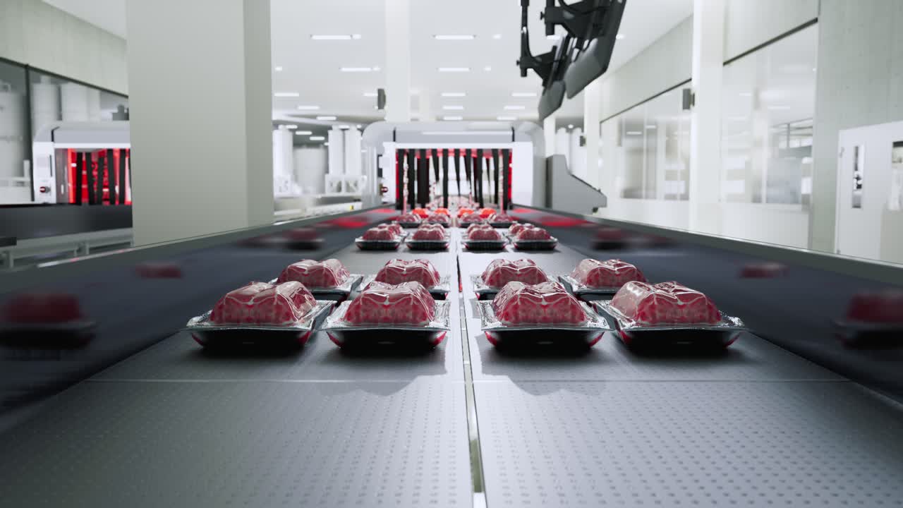 vassoi di carne cruda confezionati su un nastro trasportatore in una fabbrica