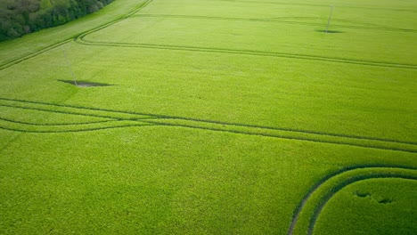 Ascending-shot-of-green-agricultural-field-in-countryside-during-daytime,-France-Loire