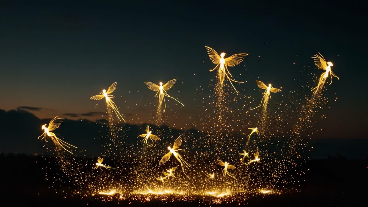 A Magical Display of Light: Enchanting Fairies Take Flight Amidst Sparkling Glitter in a Captivating Twilight Scene