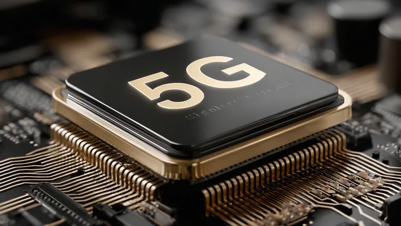 Visuale ravvicinata di un chipset 5G che mette in risalto la tecnologia avanzata e l'elettronica moderna in un contesto complesso di circuiti stampati