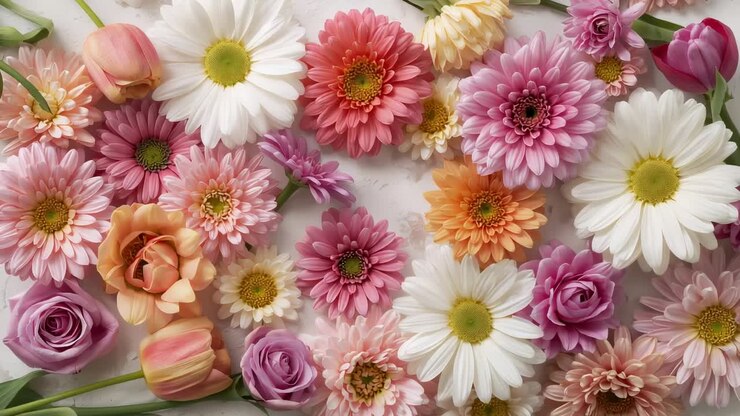 Timer startet, Überkopfkamera nimmt Pastell-Gänseblümchen und Rosen auf einer Studiotischplatte zur Präsentation auf.