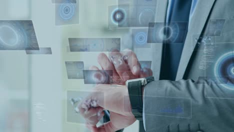 animation of scope scanning and data processing on screens over businessman checking smartphone