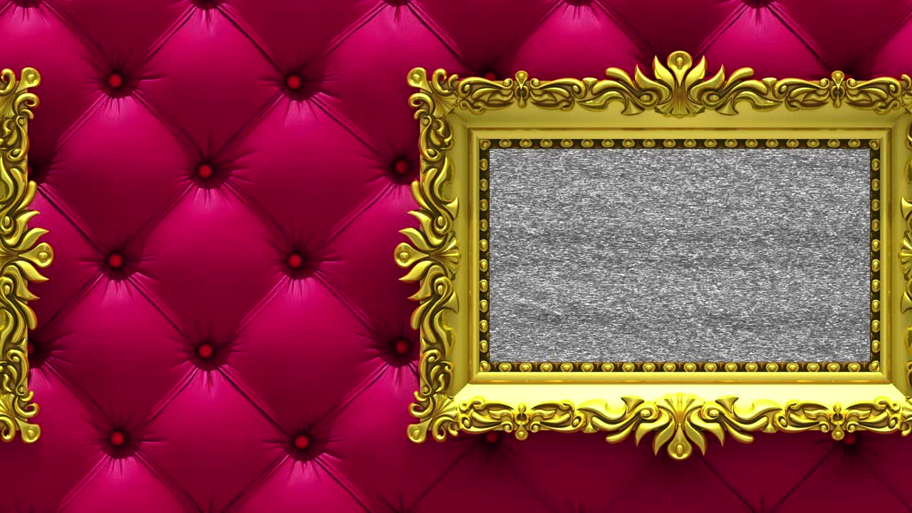 카메라는 고급스러운 은 가면 배경에서 금색 그림 프레임을 따라 움직입니다. 없이 루프 된 3d 애니메이션. tv 소음과 녹색 화면으로 모.