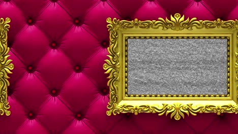 la cámara se mueve a lo largo de marcos de imágenes dorados en un lujoso fondo de tapicería roja. animación 3d en bucle sin costuras. mockup con ruido de televisión y pantalla verde.