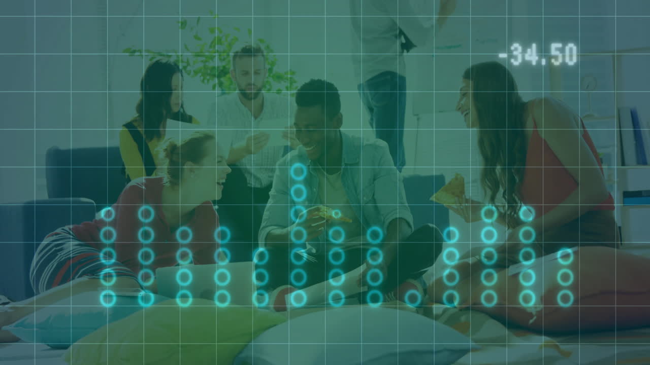 Digital equalizer animation over diverse group of friends socializing and eating