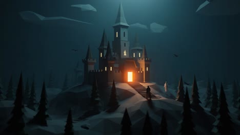 a mysterious castle emerging from the shadows in a dark forest, bathed in ethereal light with figures approaching the entrance