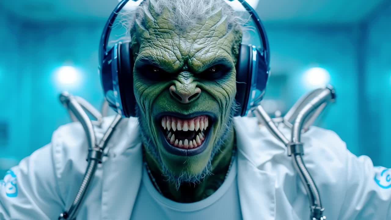 A man in a white lab coat with headphones on