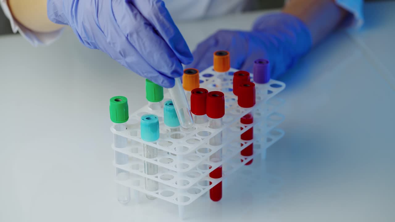 Blood sample for testing. Close up of doctor hand holding blood sample