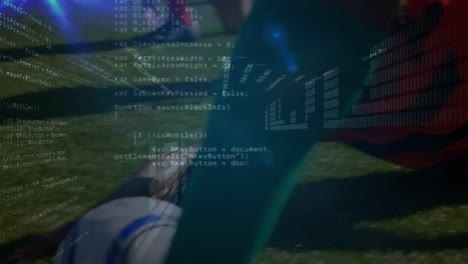 animation of data processing over diverse male soccer players playing at stadium