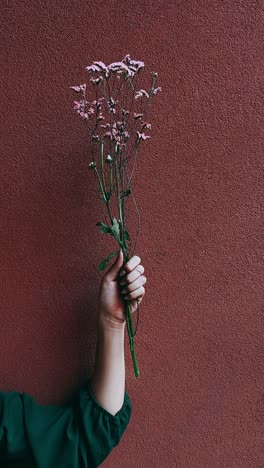 woman holding a bouquet of pink flowers against a maroon wall