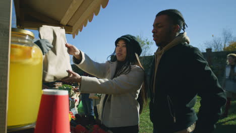 diverse couple shopping at local farmers market diverse couple shopping at local farmers market they puts fruits and vegetables in paper eco bag autumn fair on weekend outdoors vegetarian and organic food agriculture points of sale system