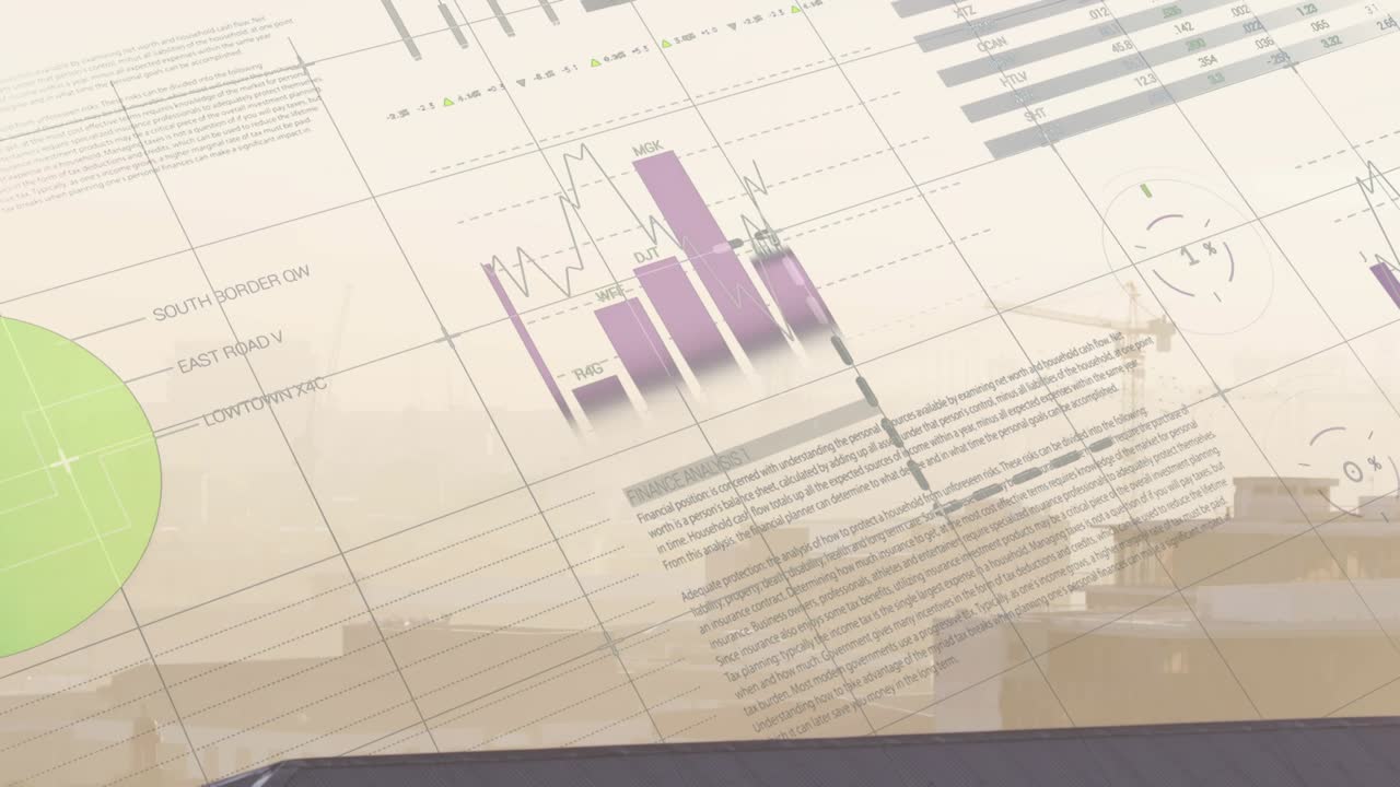 On play infographic overlay shifting right and up, purple bars rising to show construction stats