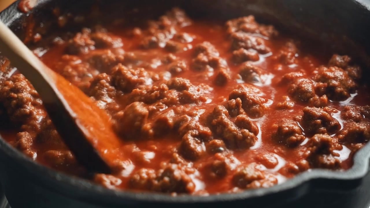 Stirring Ground Beef and Tomato Sauce in a Cast Iron Skillet