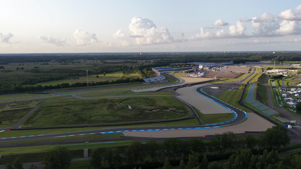 TT circuit Assen, The Netherlands. Motorcycle race track. Motorsports. Aerial video