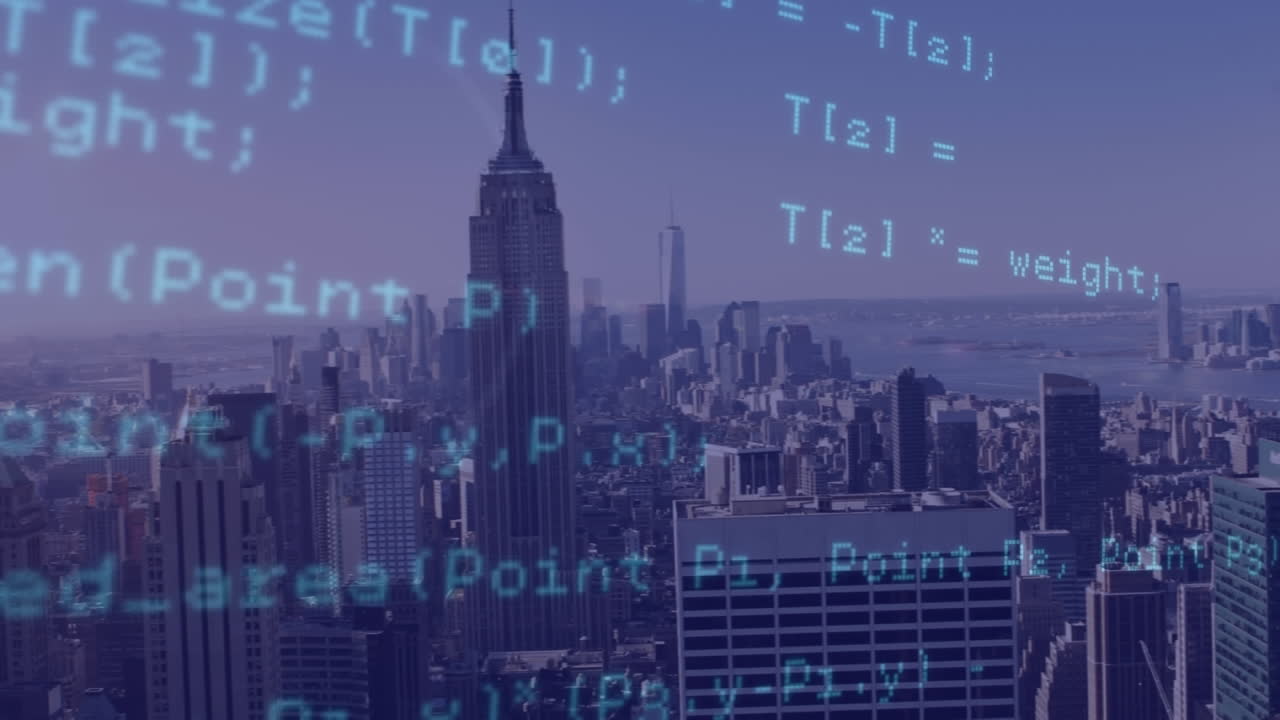 도시 풍경 위의 데이터 처리 애니메이션