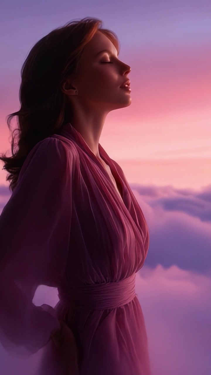 Un momento sereno de reflexión: Una mujer de rosa se alza contra un fondo de atardecer de ensueño, rodeada de nubes suaves, evocando tranquilidad y belleza.