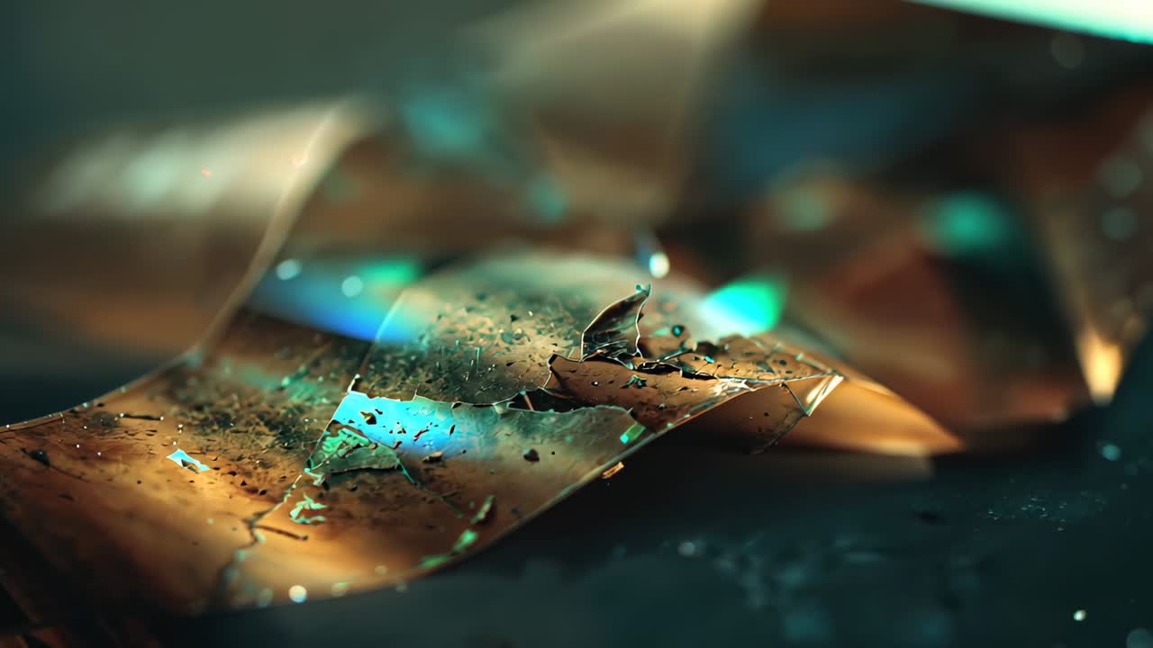 Subtle curvature shifting metallic sheet opening fractures and releasing particles in dark studio