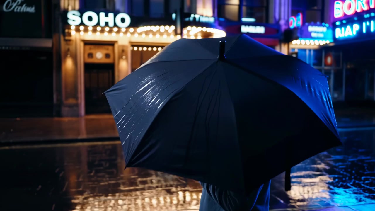 Strada piovosa intrisa di neon, ombrello in primo piano, luci delle insegne di Soho riflesse sul marciapiede bagnato, ombrello solitario.
