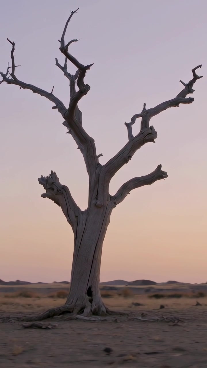 Verticale video: Camera beweegt en onthult een dode boom op een dorre vlakte bij zonsondergang, waarbij de stam wordt benadrukt.