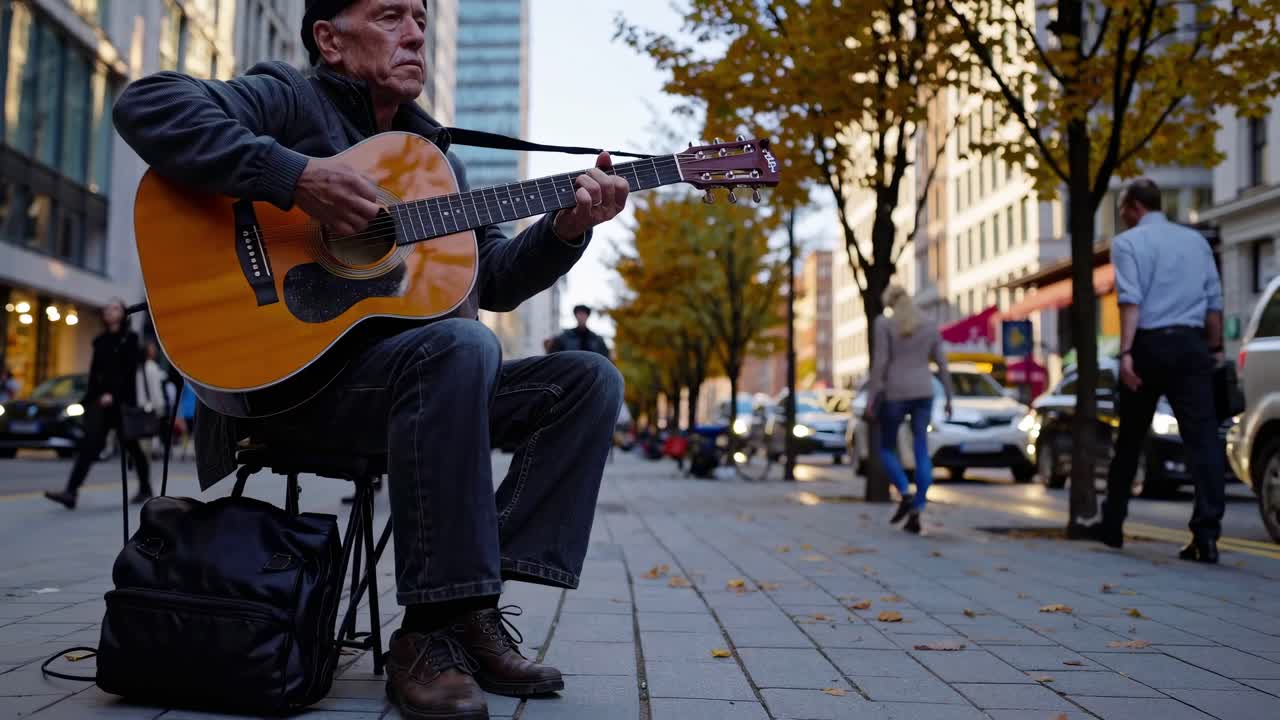 Street musician playing guitar on a busy city sidewalk, captured from a low angle