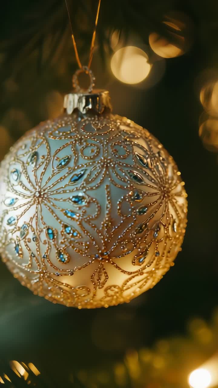 Vertical video: Entering hand gripping bauble on home tree branch revealing filigree in warm lights