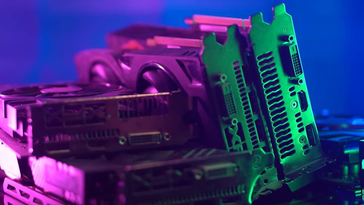 Graphic Cards, Close Up. Computer Gaming and Cryptocurrency Mining Hardware