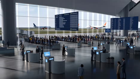 busy modern airport terminal with passengers and airplanes