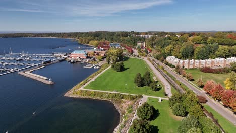 aerial of marina on the banks of lake champlain in burlington vermont