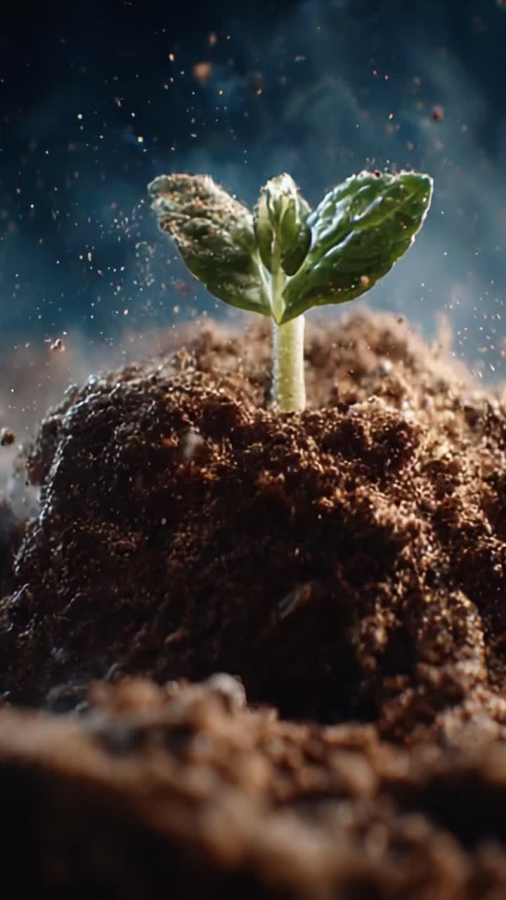 Un bellissimo time-lapse di una piantina che emerge da un terreno ricco e scuro, che cattura l'essenza della crescita delle piante e il ruolo fondamentale della natura nel nostro ecosistema
