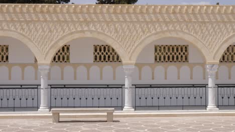 panorama rows columns with arches on square habib bourguiba in monastir tunisia. dolly shot exterior