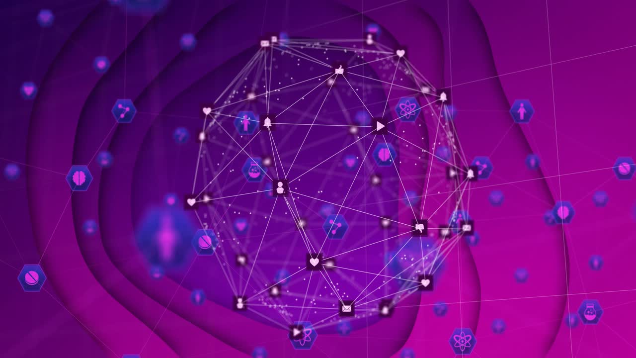 On start particles appearing, geodesic sphere rotating, pulsing, glyphs orbiting, showing data flow